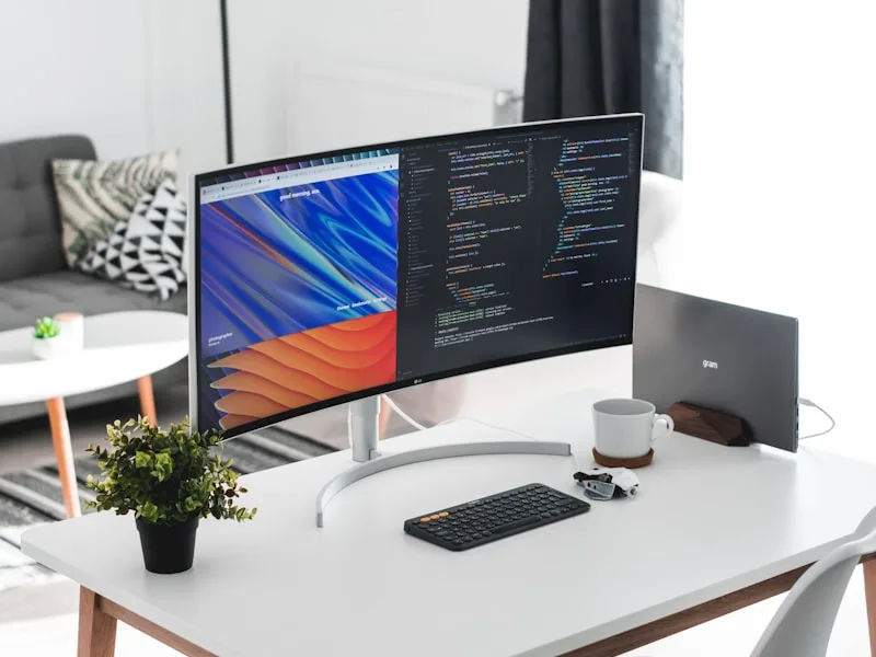 Groene plant naast een monitor op een minimalistisch bureau